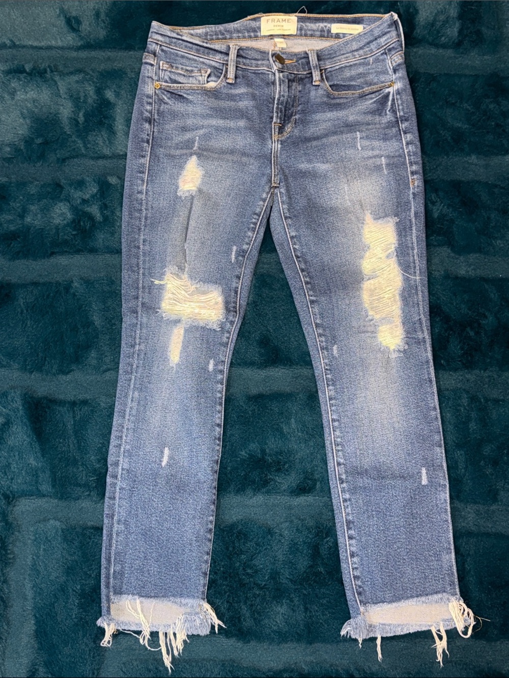 Frame Denim Distressed Cropped Blue Ankle Jeans